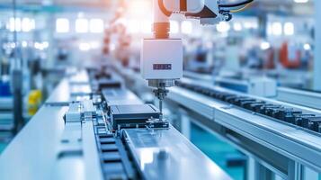 Robotic arm performs precision machining on components in a modern manufacturing facility during daytime operations photo