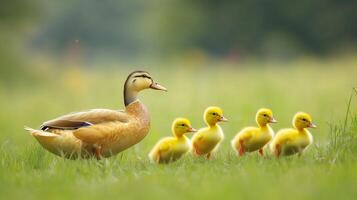 A mother duck leads her four yellow ducklings through a green field on a sunny day in springtime photo