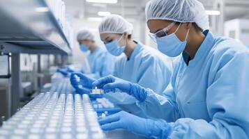 Laboratory technicians in protective gear working with vials in a clean room environment during a research project photo