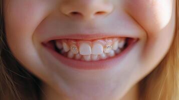 Young child showcasing a joyful smile with missing teeth and decorative braces in a bright, cheerful setting photo