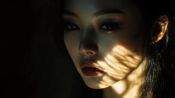 Elegant portrait of a woman with striking features illuminated by natural light casting shadows on her face photo
