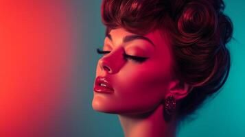 A vintage-styled model poses with elegance under vibrant colored lighting in a contemporary studio setting photo