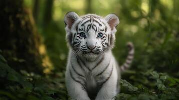 A white tiger cub exploring the lush green forest, capturing curiosity and playfulness during a warm afternoon photo