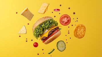 Delicious hamburger with fresh vegetables and cheese floating against a bright yellow background in a playful arrangement photo