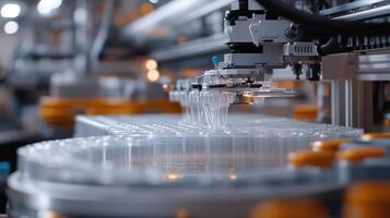 Automated machinery in a manufacturing facility focuses on precision as it processes clear plastic trays on a conveyor system photo