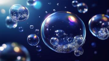 Floating bubbles in a soft-focus background create an enchanting atmosphere in a dreamy blue setting photo