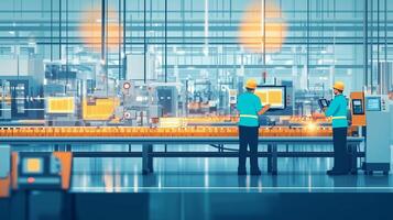 Workers engaged in automated production line tasks inside a modern factory during daylight hours photo