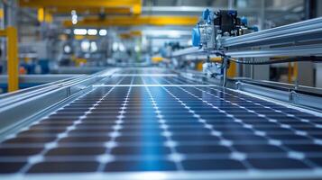 Automated production line for solar panels in a modern manufacturing facility, showcasing advanced technology and efficiency during daytime operations photo