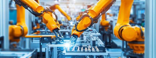 Robotic arms collaborating on assembly line tasks in a modern manufacturing facility during daylight hours photo