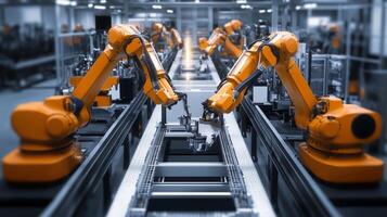 Industrial robots working in a modern manufacturing facility during the day, showcasing automation and precision in assembly tasks photo