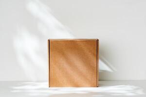 Simple brown cardboard box positioned on a white surface with soft angled shadows in natural light photo