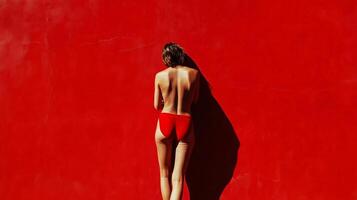 A person leaning against a bright red wall while wearing a striking red swimsuit in a sunny outdoor setting photo