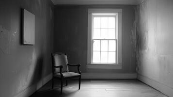 A solitary chair in a dimly lit room with a large window showcasing muted light and simple decor enhances a serene atmosphere photo