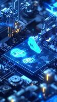 High-tech microchip surrounded by circuit components in a blue-lit electronic environment photo