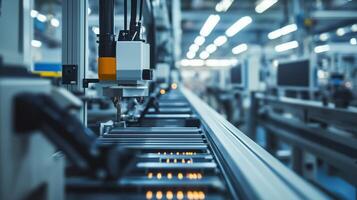 Advanced robotic assembly line operating in a modern manufacturing facility during daylight photo