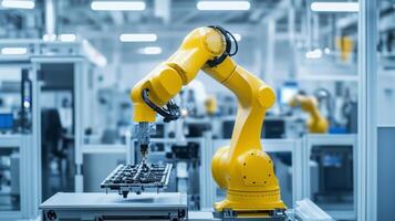 A robotic arm assembling electronic components in a modern factory setting during daytime photo