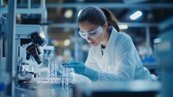 Scientist conducting experiments in a modern laboratory during the day, focusing on test tubes with precision photo