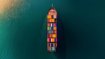 Aerial view of a colorful cargo ship navigating through calm waters during golden hour photo