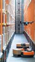 Robotic drone and automated carts working in a modern warehouse during daylight hours photo