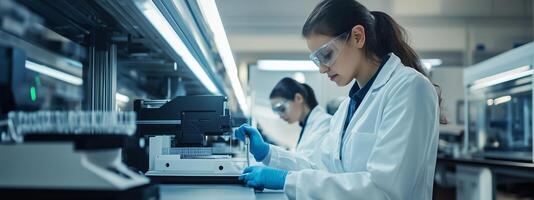 Scientist conducting experiments in a laboratory while wearing protective gear and focused on analysis during daylight hours photo