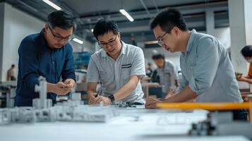 Team of engineers collaborating on a project in a modern workshop while discussing design plans and working on prototypes photo
