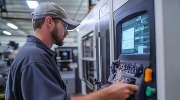 A technician operating advanced machinery in a manufacturing facility during a busy work shift photo