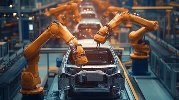Automated robotic arms assembling vehicles within a modern manufacturing plant during daylight hours photo