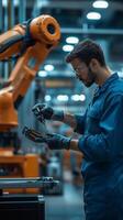 A technician assembling robotic components in a high-tech manufacturing facility during daytime photo