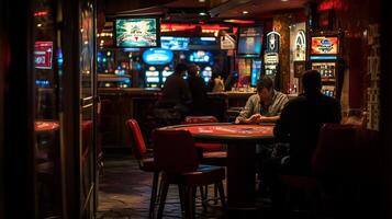 Evening at a vibrant casino with players engaged at the poker table and colorful slot machines illuminating the atmosphere photo