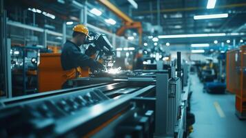 A factory worker operating advanced machinery in a warehouse during daylight hours focusing on precision manufacturing tasks photo