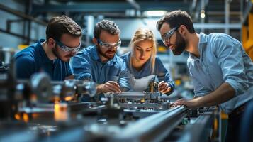 Technicians collaborating on machinery in a modern workshop, focusing on precision tasks during daylight hours photo