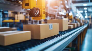 Automated conveyor belt with robotic arm sorting packages in a modern distribution center during daytime operations photo
