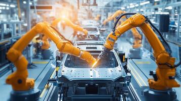 Automated robots assembling vehicle frames in a high-tech manufacturing facility during daylight hours photo