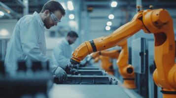 Workers collaborating with robotic arms in a modern manufacturing facility during a busy workday photo