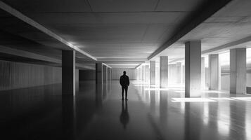 A solitary figure stands in a vast, minimalist concrete space with stark lighting and deep shadows during the day photo