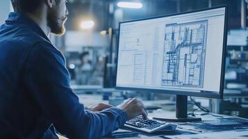 A designer working on architectural blueprints in a modern office environment during the day photo