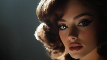 A woman with striking makeup poses elegantly in soft light, creating a captivating and glamorous atmosphere during a photo shoot