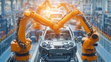 Automated assembly line with robotic arms working on car manufacturing in a modern factory during daylight hours photo