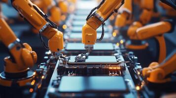 Robotic arms assembling electronic components on a production line in a modern factory setting during daytime operations photo