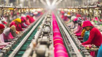 Women working in a colorful textile factory, focusing on fabric production and weaving techniques during daylight hours photo