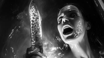 A woman emerges from darkness in water, brandishing a gleaming knife while expressing intense emotion in an atmospheric setting photo