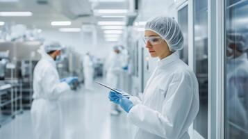 Laboratory workers in protective gear examining equipment and data in a cleanroom facility during a research shift photo