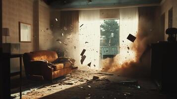 Explosion in a living room with debris flying around during daylight near a window photo