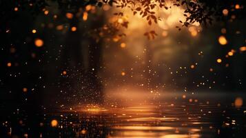 Golden light refracts through trees over tranquil water at dusk, creating a magical, serene atmosphere in the peaceful landscape photo