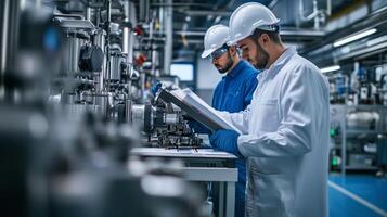 Two technicians working on machinery in an industrial plant while reviewing technical documents during a routine maintenance check photo