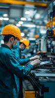 Workers in protective gear assembling electronics in a busy factory during the day photo