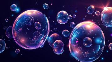 Colorful soap bubbles floating gracefully against a dark background, creating a whimsical atmosphere with sparkling reflections and highlights photo