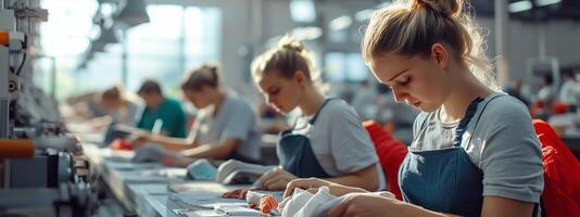 Workers engaged in garment production within a well-lit factory during the afternoon, focused on their tasks with precision photo