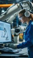 A female engineer programming a robotic arm while working in a modern industrial facility photo