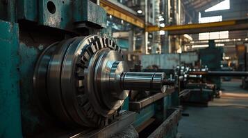 Industrial machinery in a large factory setting with shafts and gears being processed during daylight hours photo